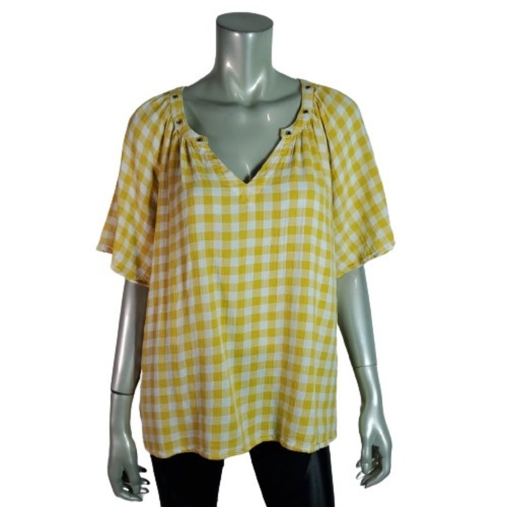 Suzanne Betro Top Plus Size 1X Plaid Raglan Sleeve Grommets‎ Pullover Yellow